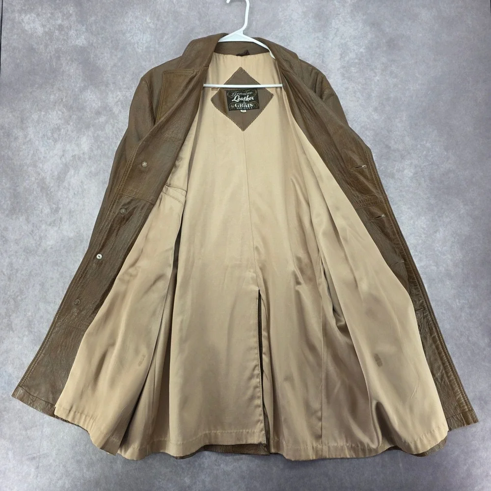 Vintage Grais Brown Leather Trench Coat Mens 48 Western Yoke Jacket Made in USA